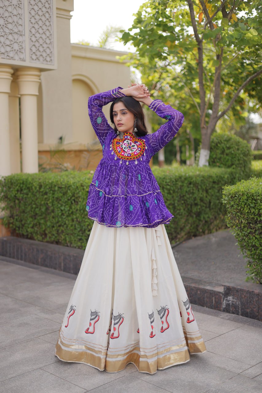 Navratri Kora Cotton Lehenga Choli with Bandhani Top