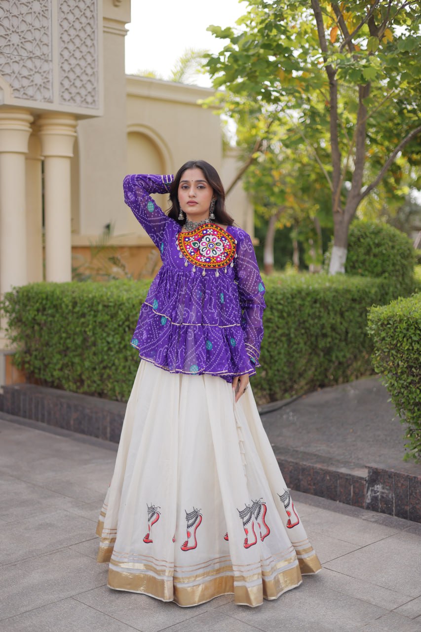 Navratri Kora Cotton Lehenga Choli with Bandhani Top
