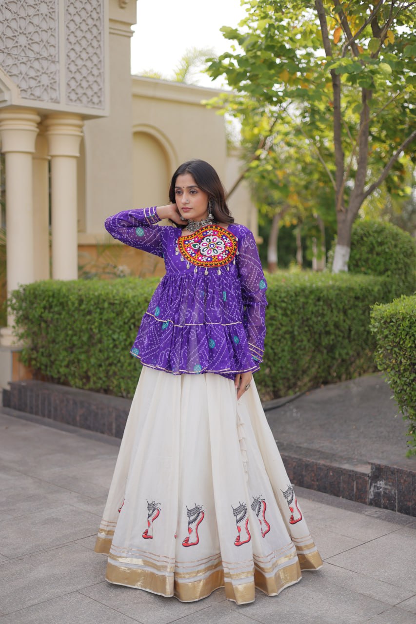 Navratri Kora Cotton Lehenga Choli with Bandhani Top
