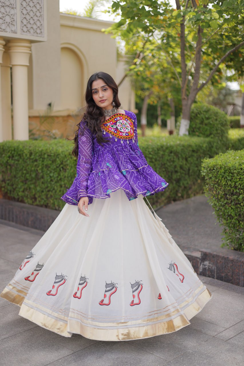 Navratri Kora Cotton Lehenga Choli with Bandhani Top