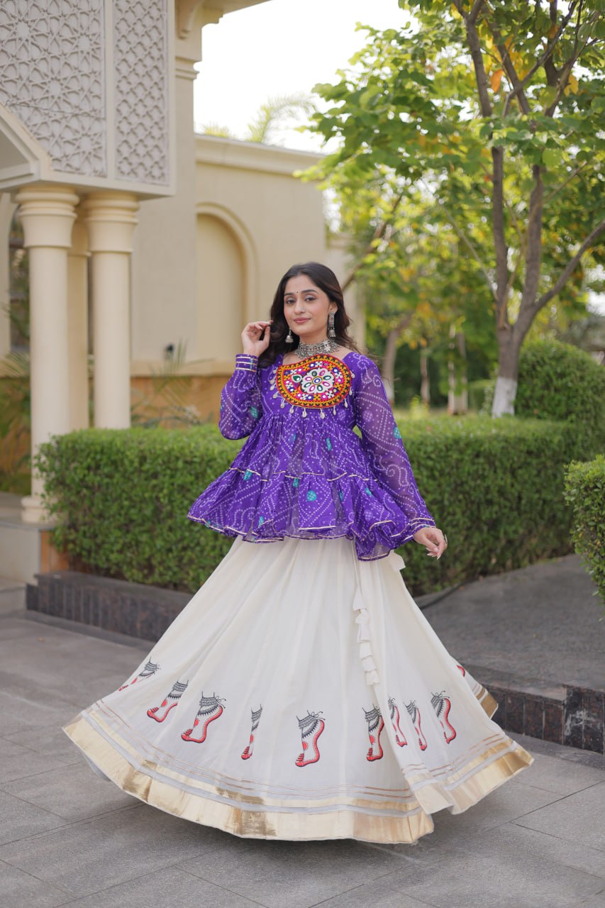 Navratri Kora Cotton Lehenga Choli with Bandhani Top