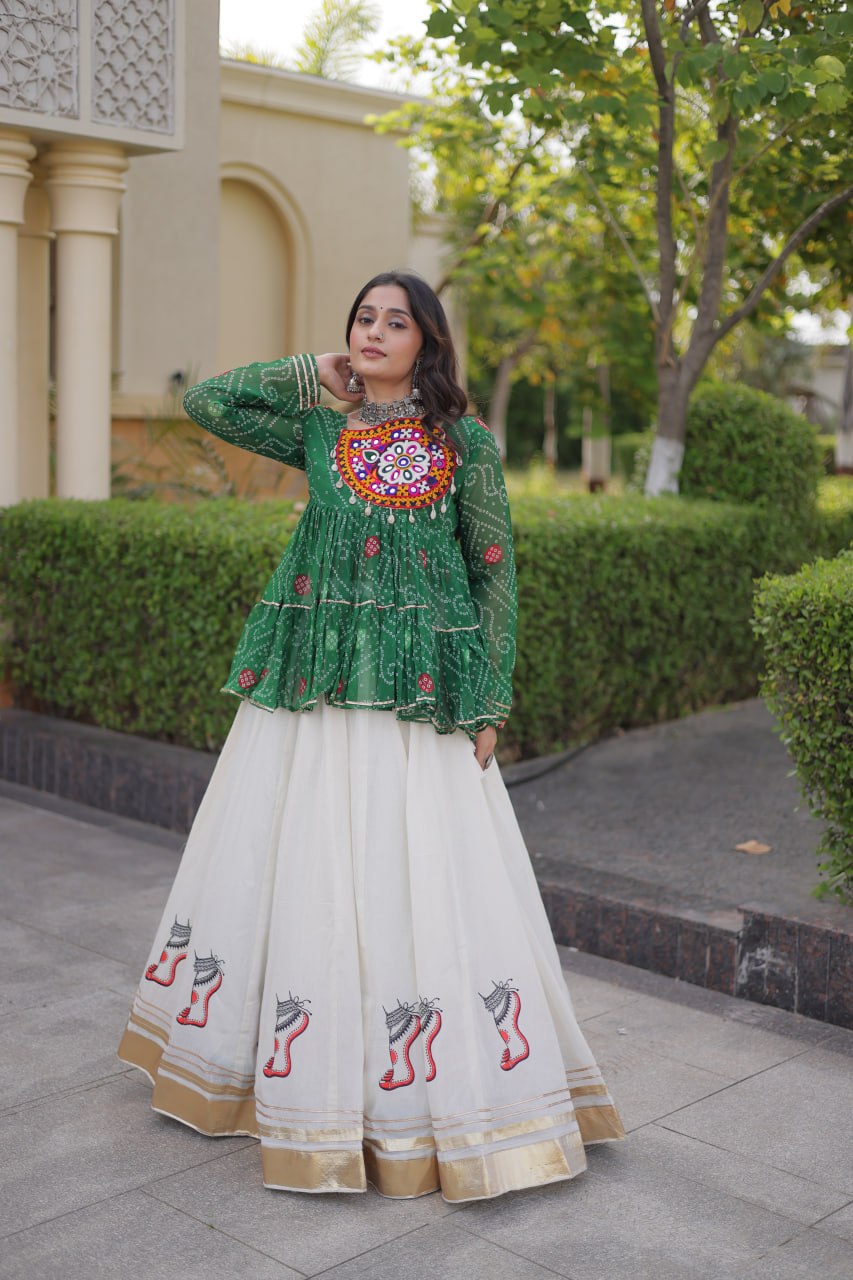 Navratri Kora Cotton Lehenga Choli with Bandhani Top