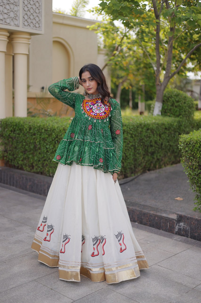 Navratri Kora Cotton Lehenga Choli with Bandhani Top