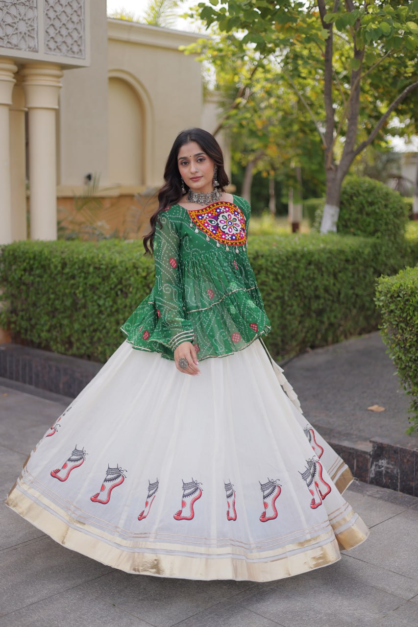 Navratri Kora Cotton Lehenga Choli with Bandhani Top