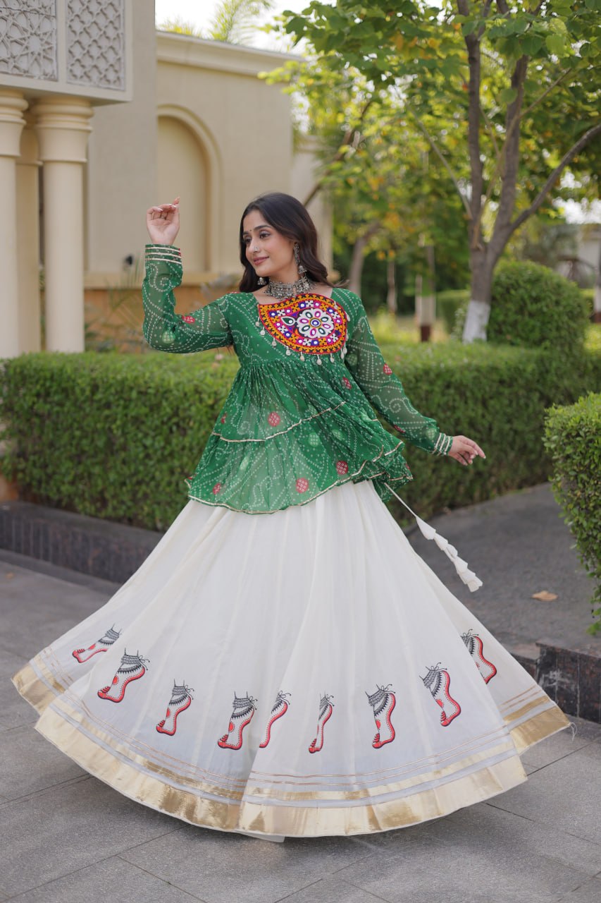 Navratri Kora Cotton Lehenga Choli with Bandhani Top