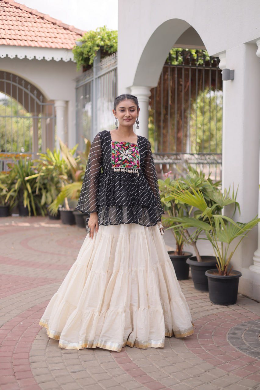 Navratri Kora Cotton Lehenga Choli with Laheriya Print Top