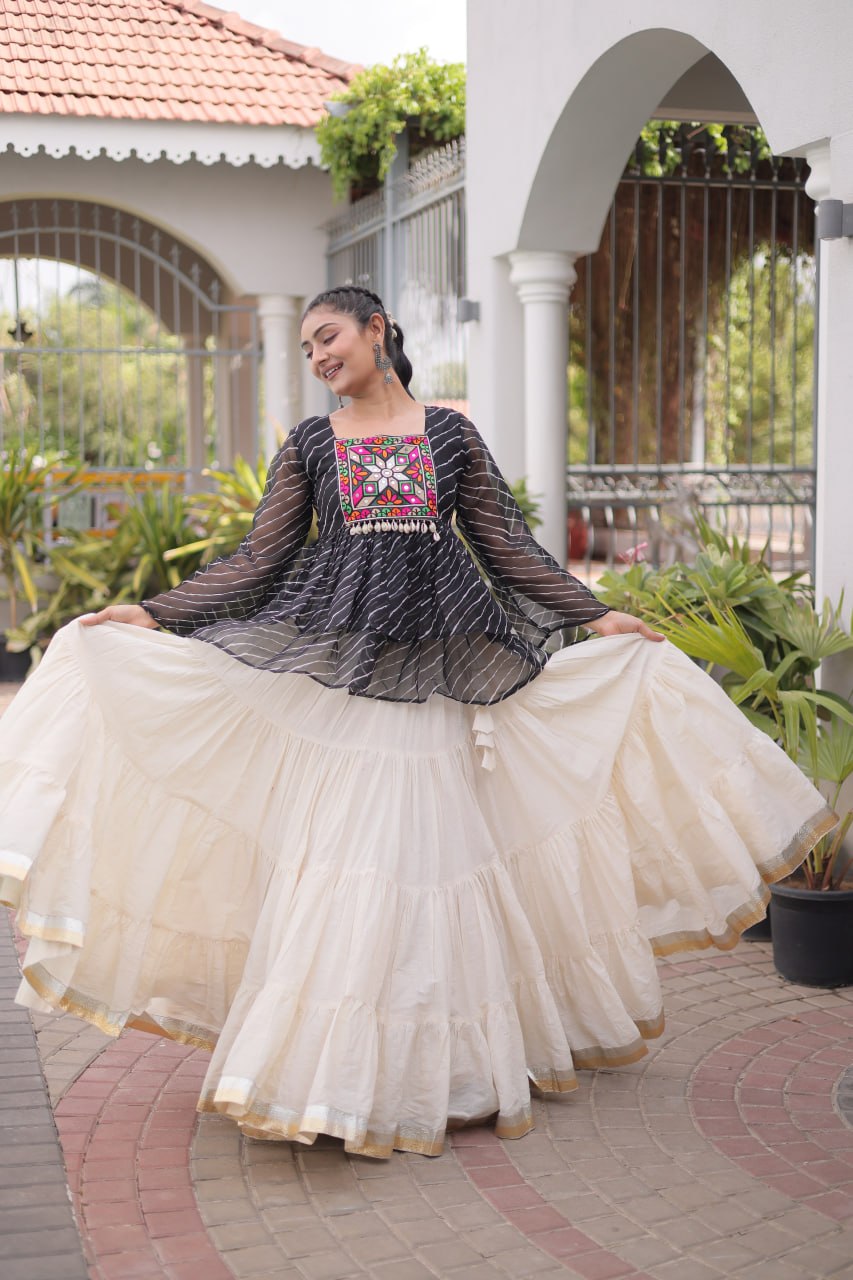 Navratri Kora Cotton Lehenga Choli with Laheriya Print Top