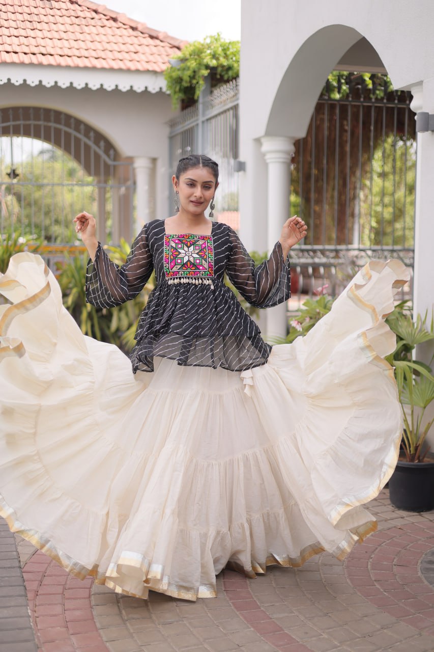 Navratri Kora Cotton Lehenga Choli with Laheriya Print Top