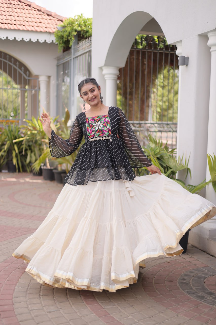 Navratri Kora Cotton Lehenga Choli with Laheriya Print Top