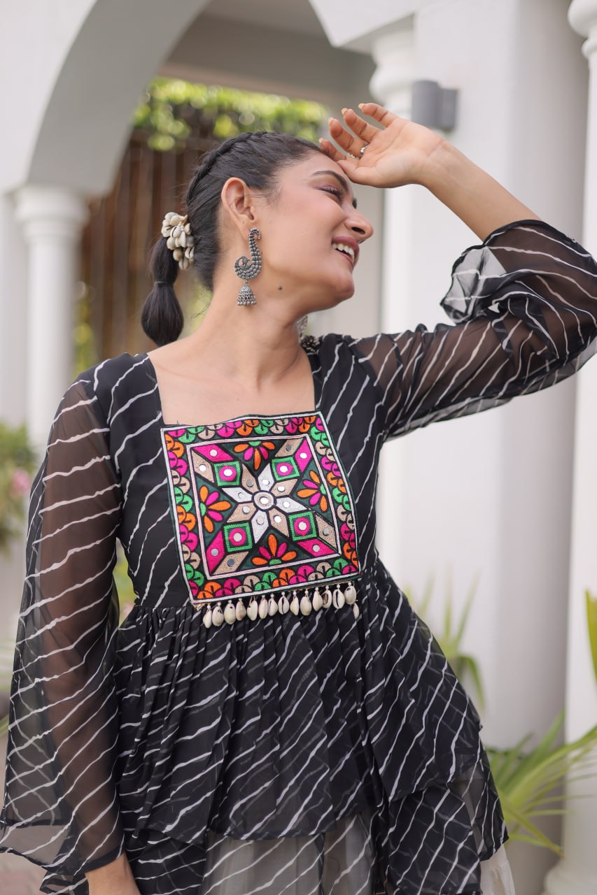 Navratri Kora Cotton Lehenga Choli with Laheriya Print Top
