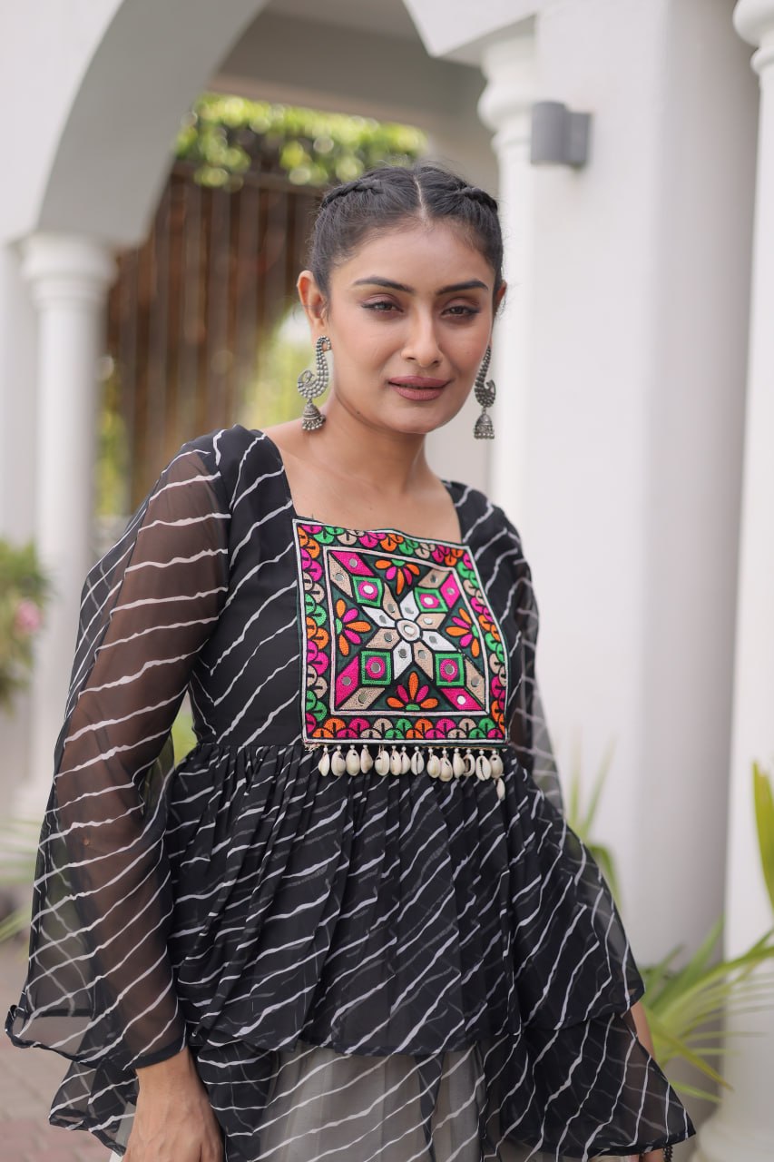 Navratri Kora Cotton Lehenga Choli with Laheriya Print Top