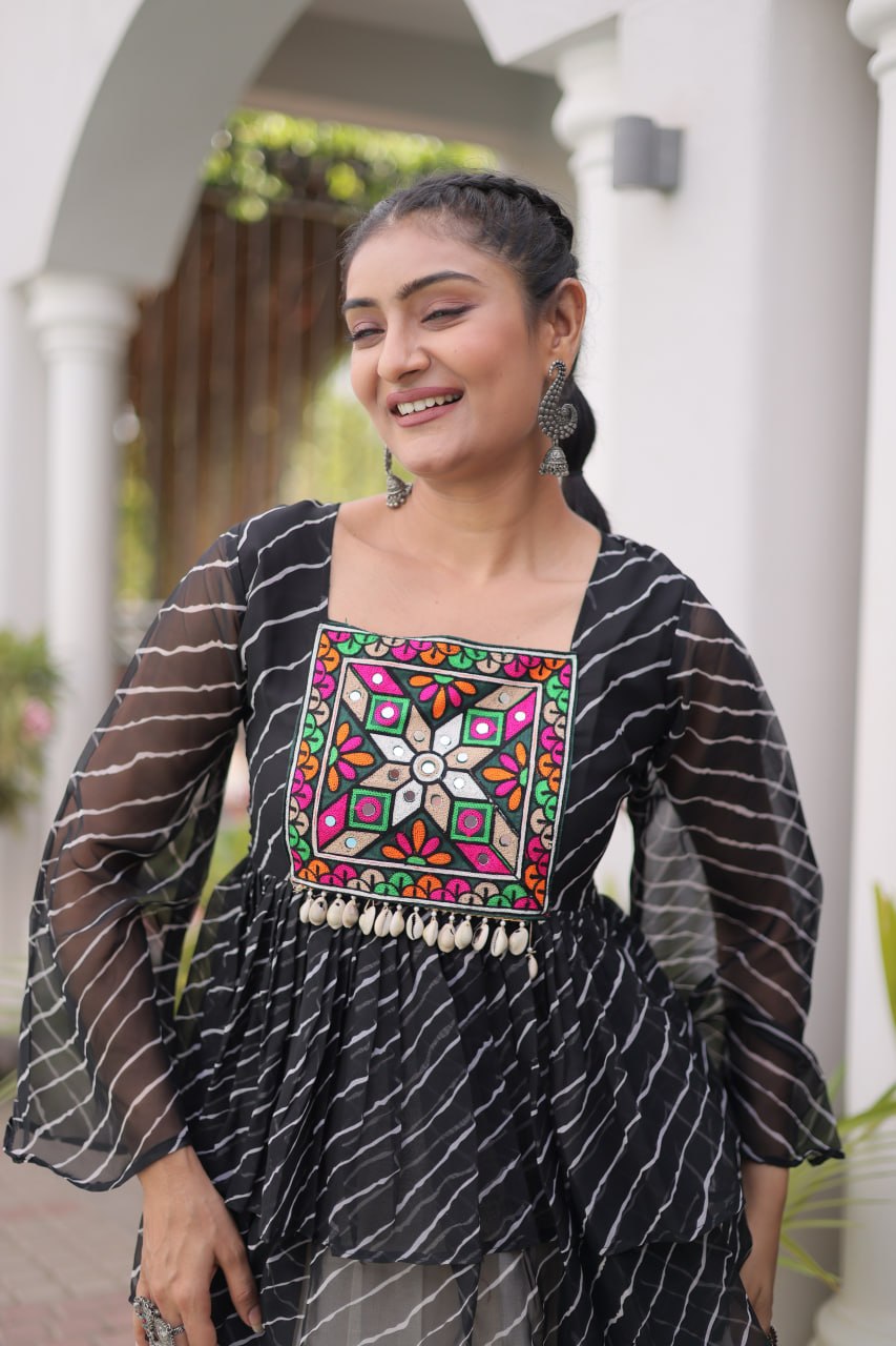 Navratri Kora Cotton Lehenga Choli with Laheriya Print Top