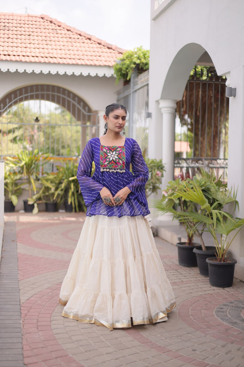 Navratri Kora Cotton Lehenga Choli with Laheriya Print Top