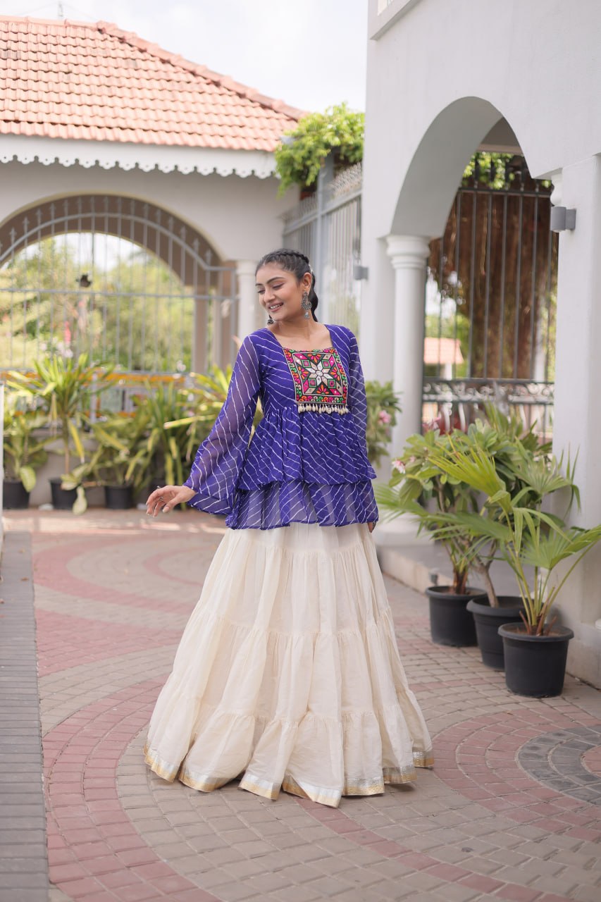 Navratri Kora Cotton Lehenga Choli with Laheriya Print Top