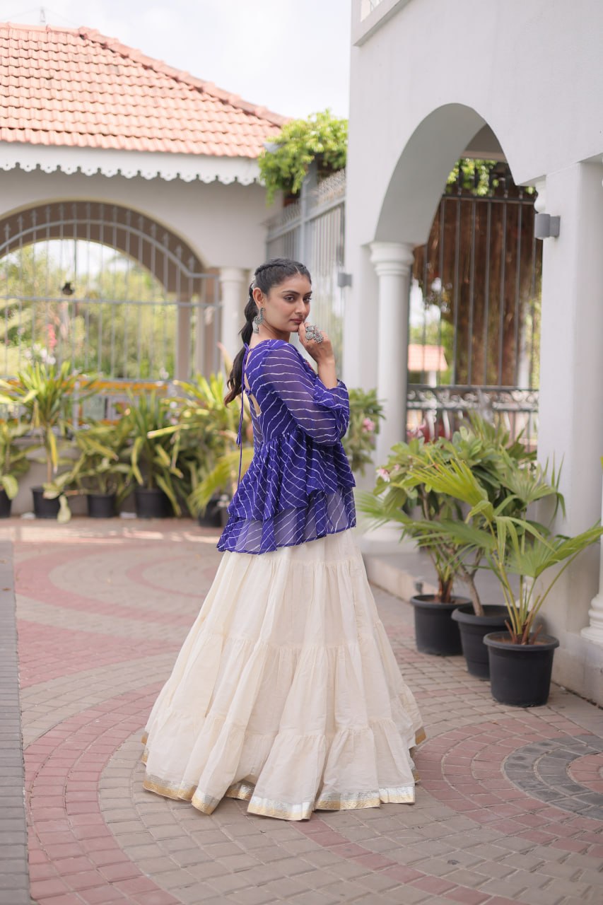 Navratri Kora Cotton Lehenga Choli with Laheriya Print Top