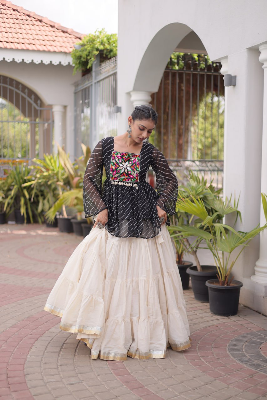 Navratri Kora Cotton Lehenga Choli with Laheriya Print Top