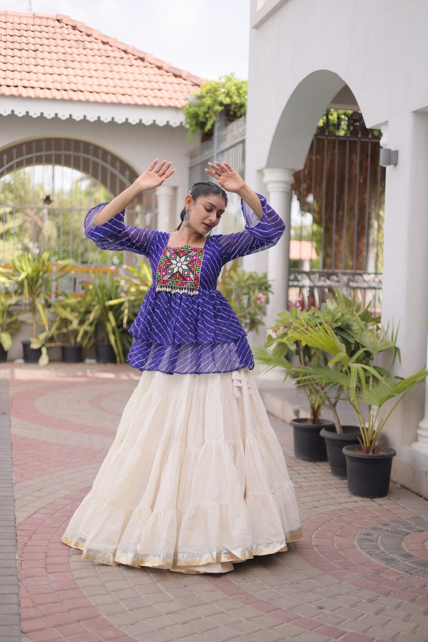 Navratri Kora Cotton Lehenga Choli with Laheriya Print Top
