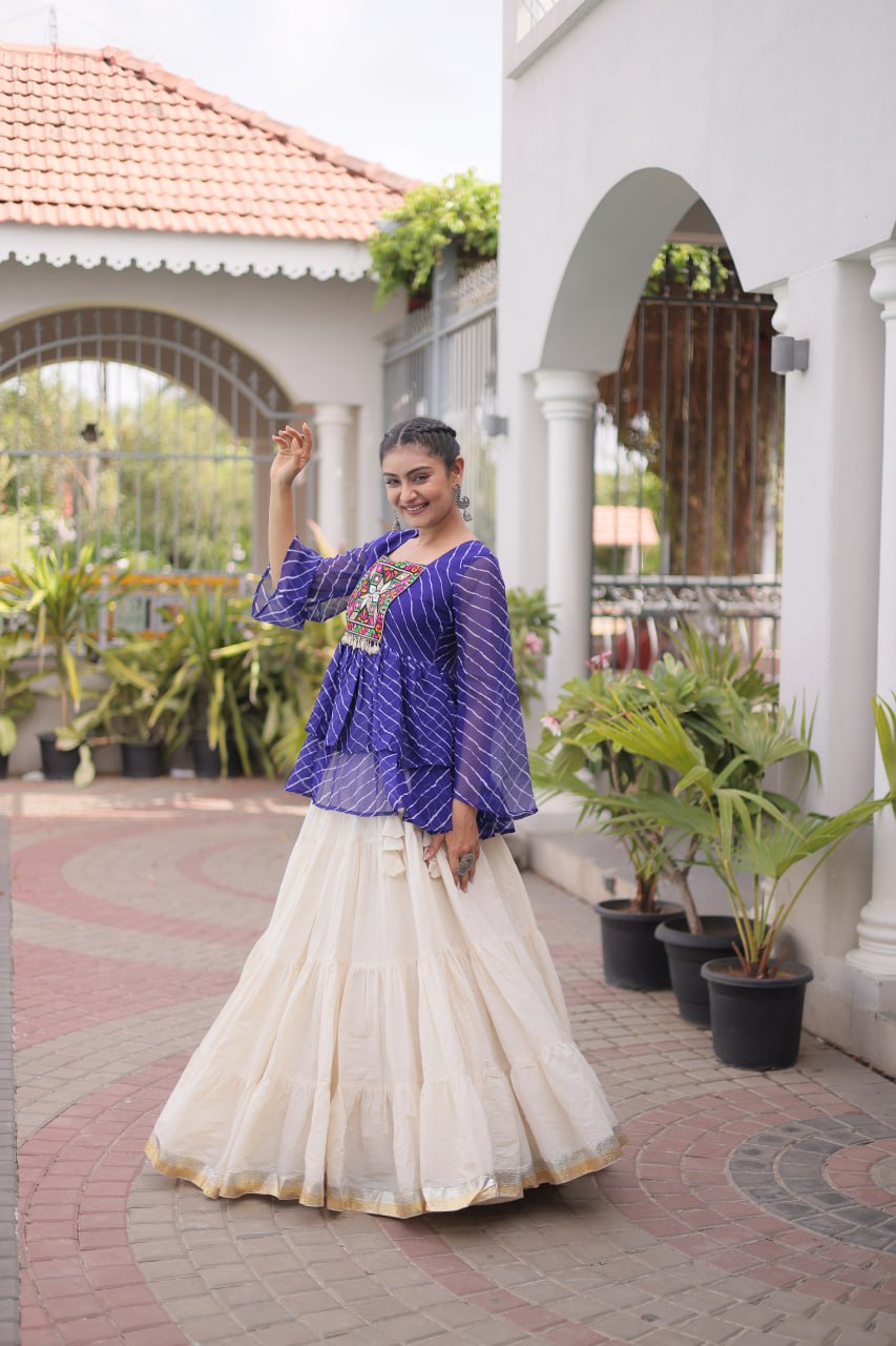 Navratri Kora Cotton Lehenga Choli with Laheriya Print Top