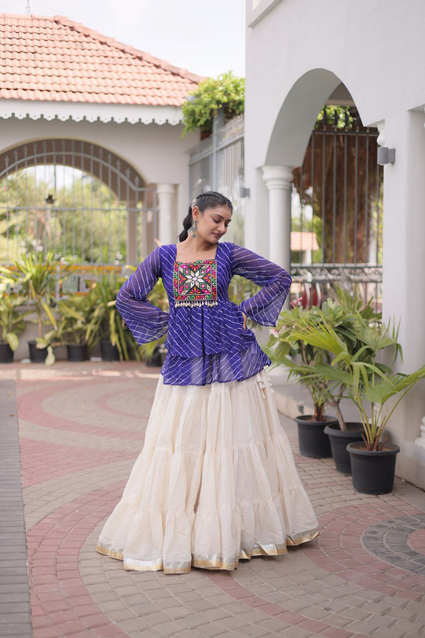 Navratri Kora Cotton Lehenga Choli with Laheriya Print Top