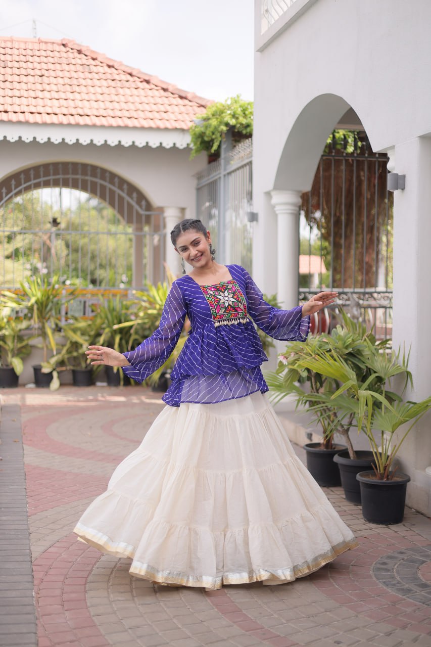 Navratri Kora Cotton Lehenga Choli with Laheriya Print Top