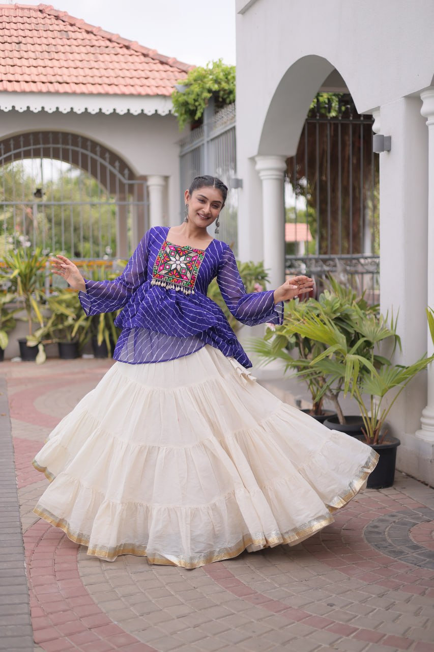 Navratri Kora Cotton Lehenga Choli with Laheriya Print Top
