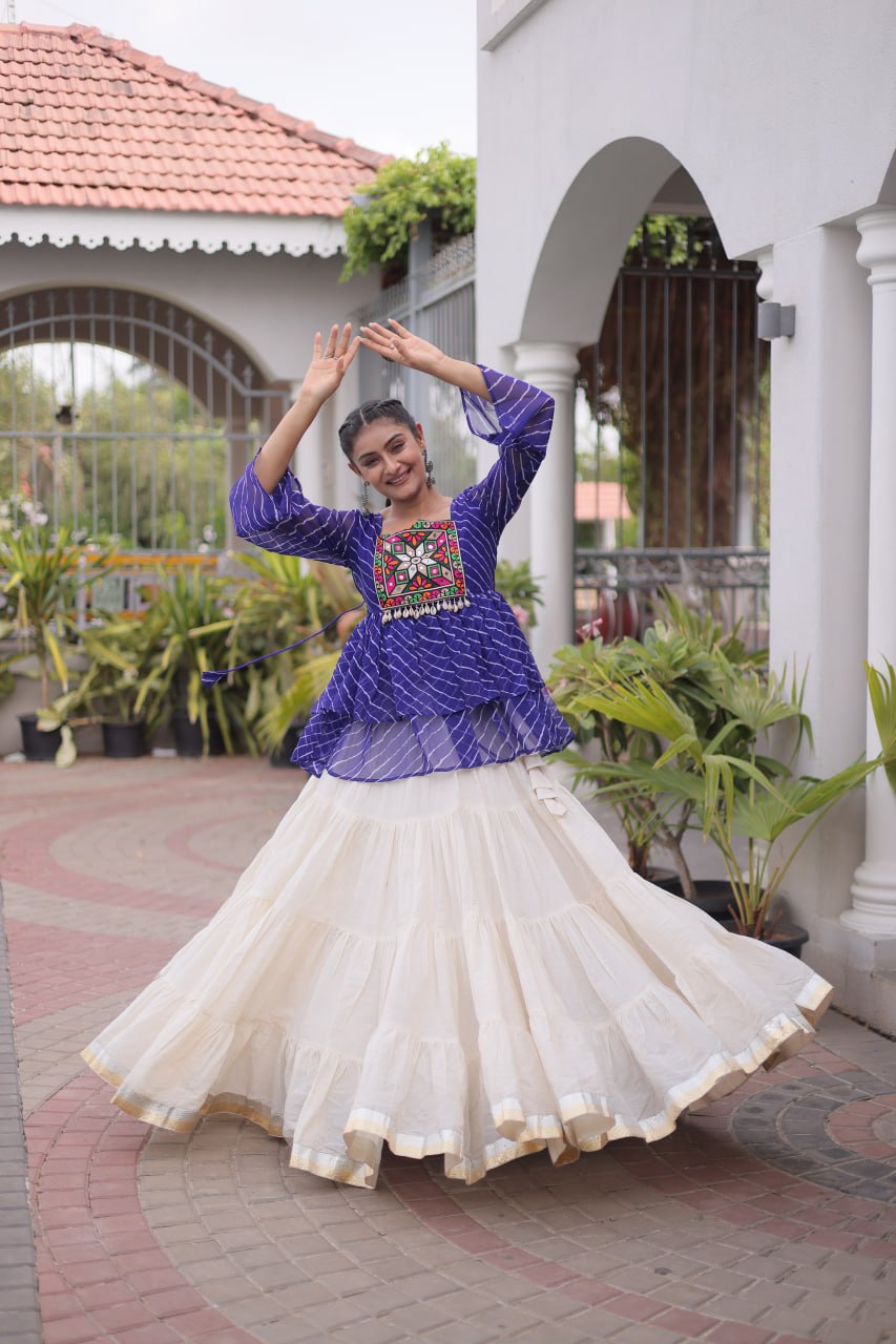Navratri Kora Cotton Lehenga Choli with Laheriya Print Top