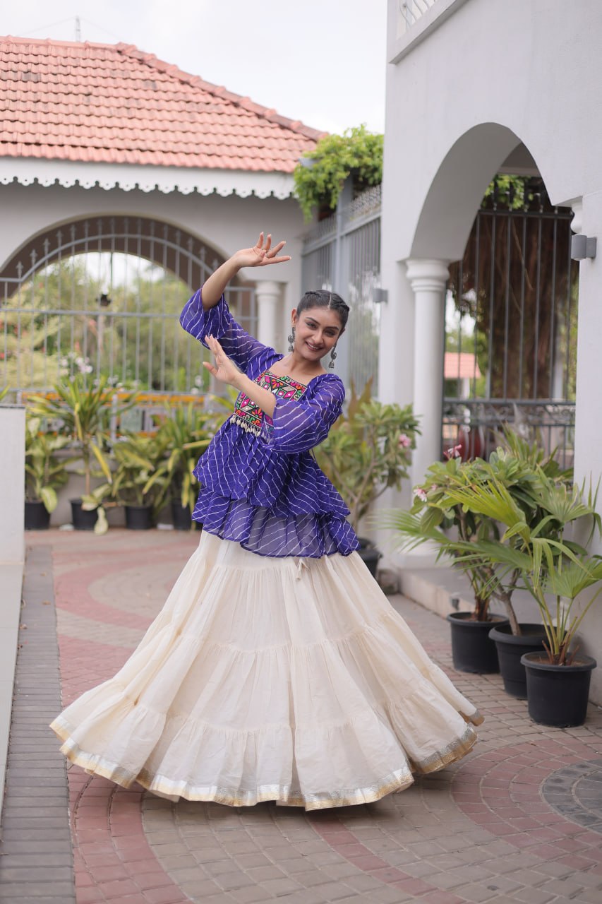 Navratri Kora Cotton Lehenga Choli with Laheriya Print Top