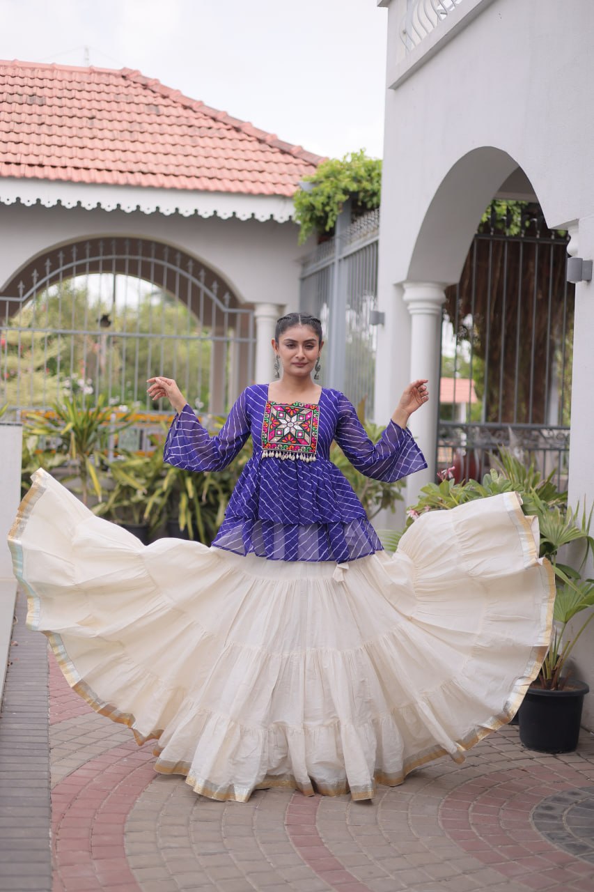 Navratri Kora Cotton Lehenga Choli with Laheriya Print Top