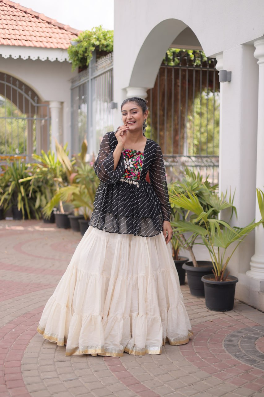 Navratri Kora Cotton Lehenga Choli with Laheriya Print Top