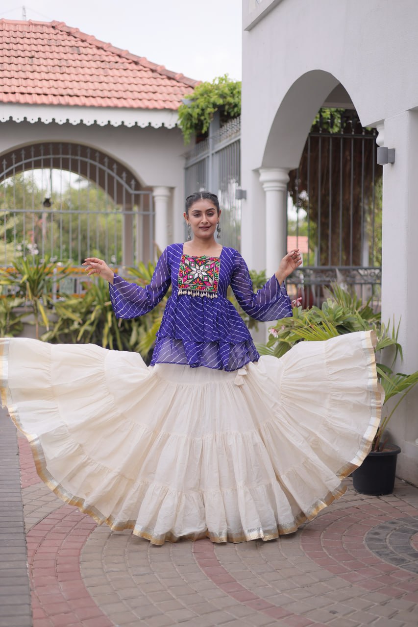 Navratri Kora Cotton Lehenga Choli with Laheriya Print Top