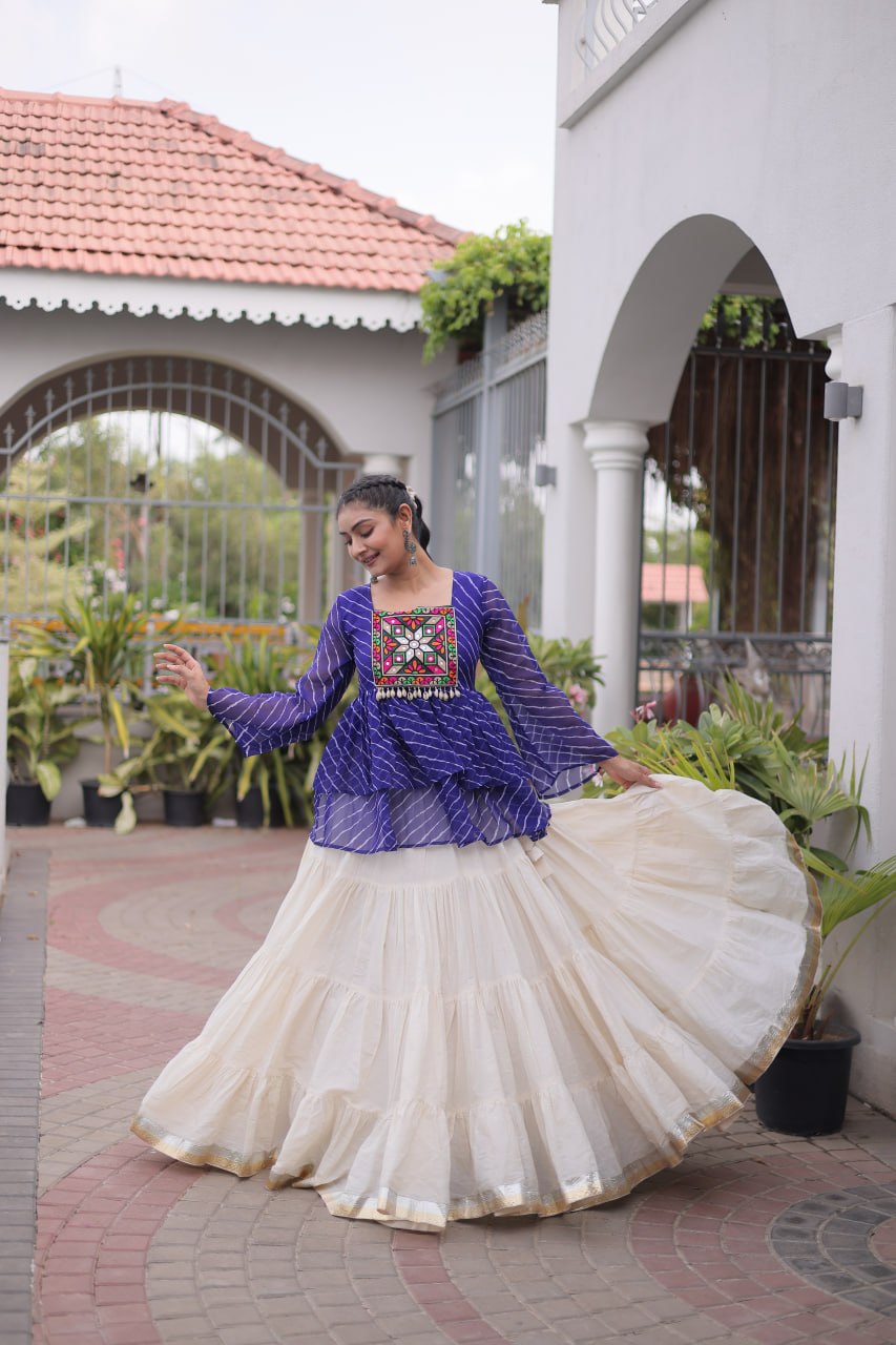 Navratri Kora Cotton Lehenga Choli with Laheriya Print Top