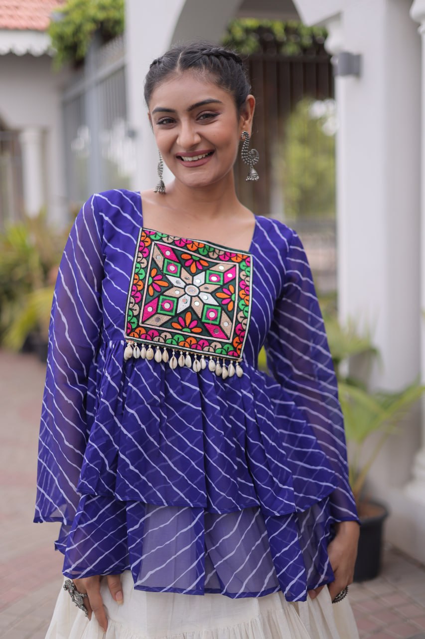 Navratri Kora Cotton Lehenga Choli with Laheriya Print Top