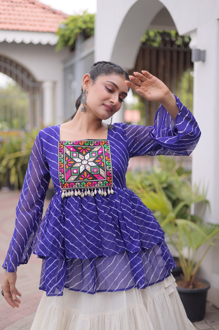 Navratri Kora Cotton Lehenga Choli with Laheriya Print Top