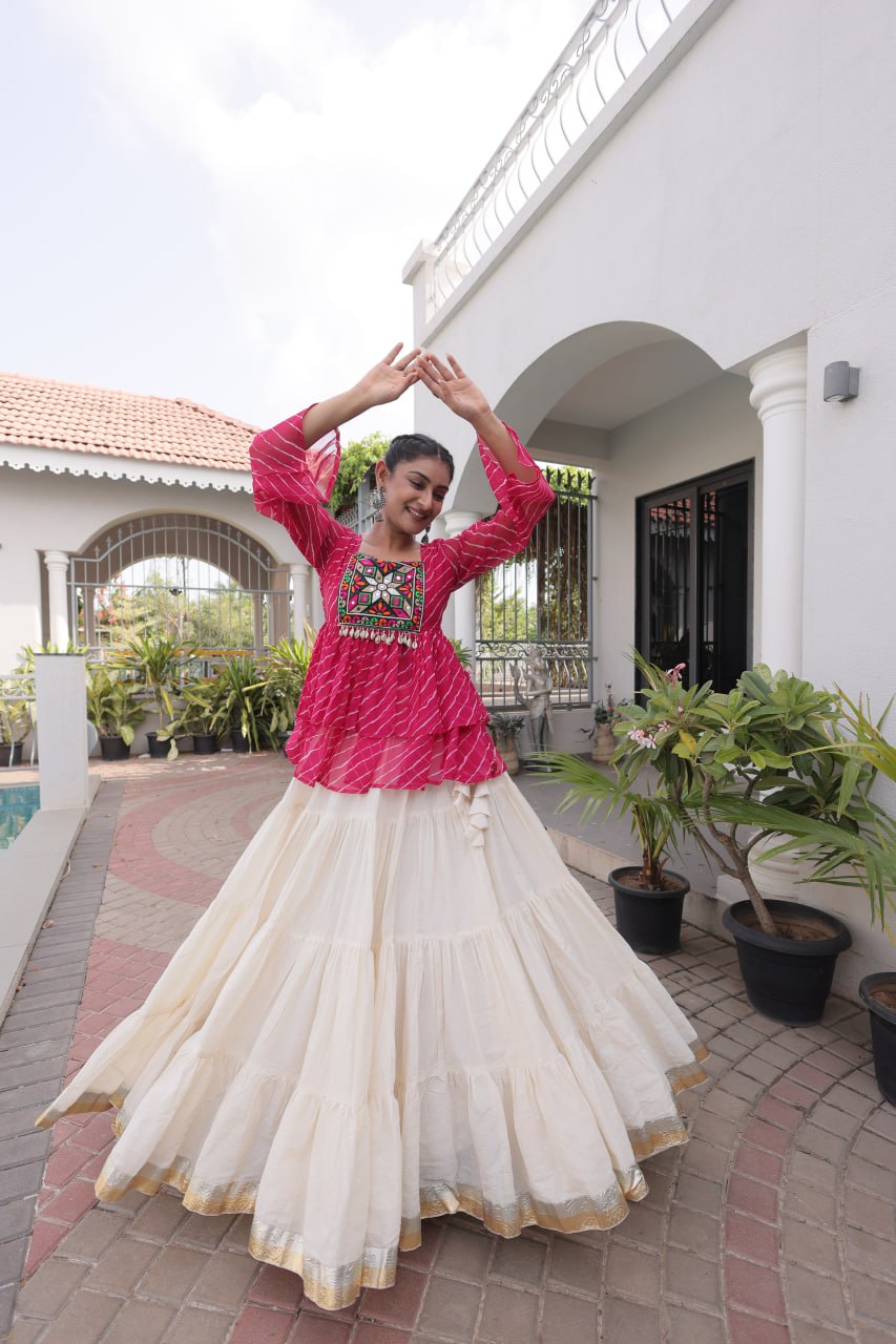Navratri Kora Cotton Lehenga Choli with Laheriya Print Top