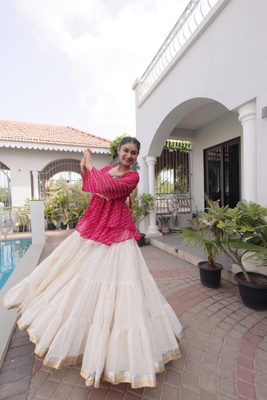 Navratri Kora Cotton Lehenga Choli with Laheriya Print Top