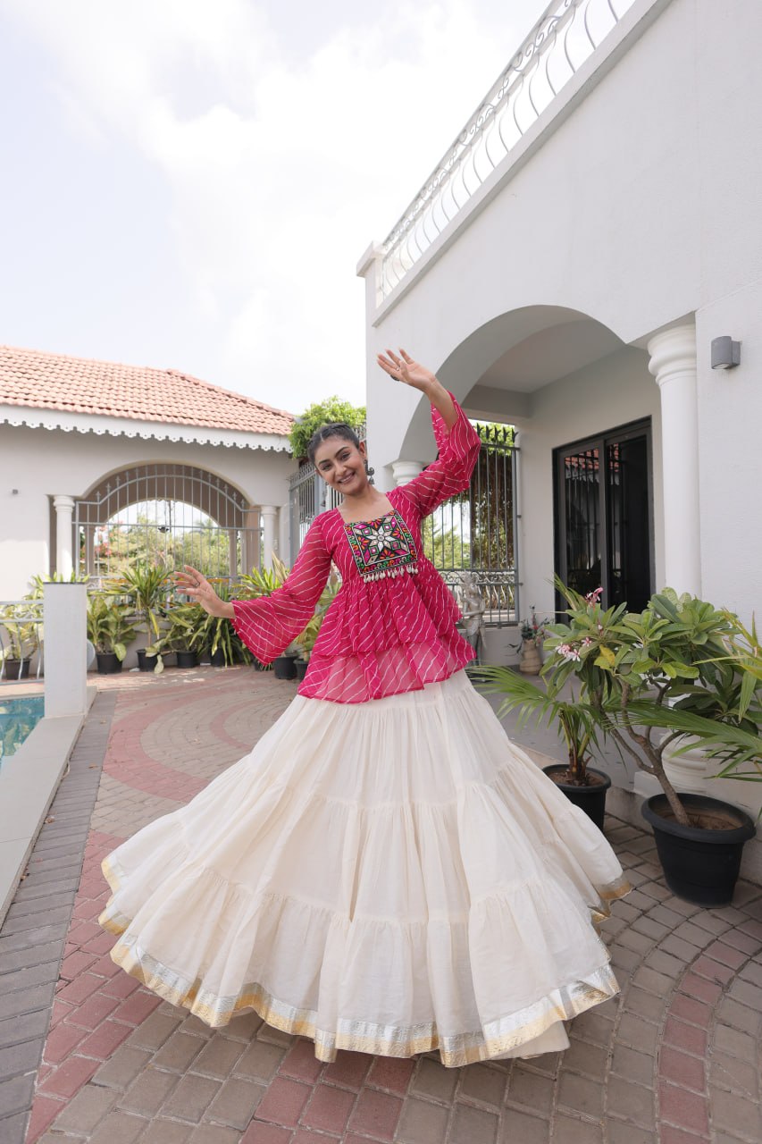 Navratri Kora Cotton Lehenga Choli with Laheriya Print Top