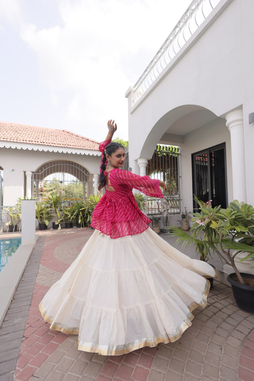 Navratri Kora Cotton Lehenga Choli with Laheriya Print Top