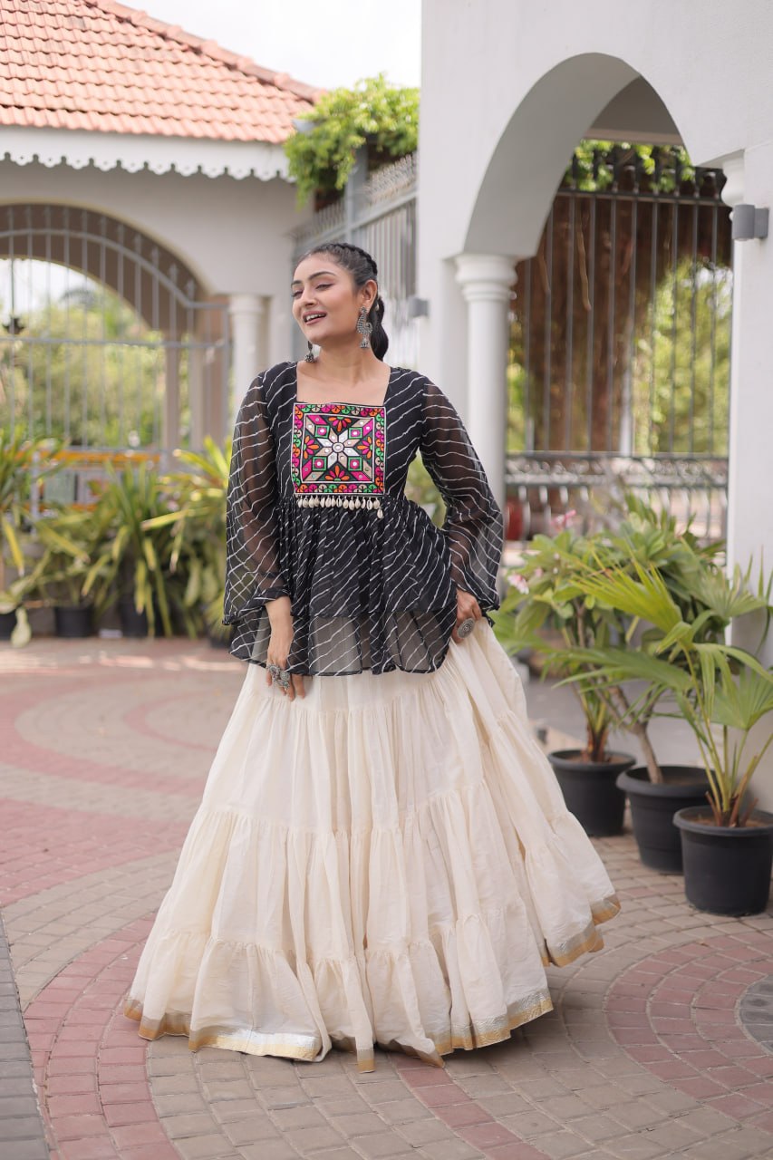 Navratri Kora Cotton Lehenga Choli with Laheriya Print Top