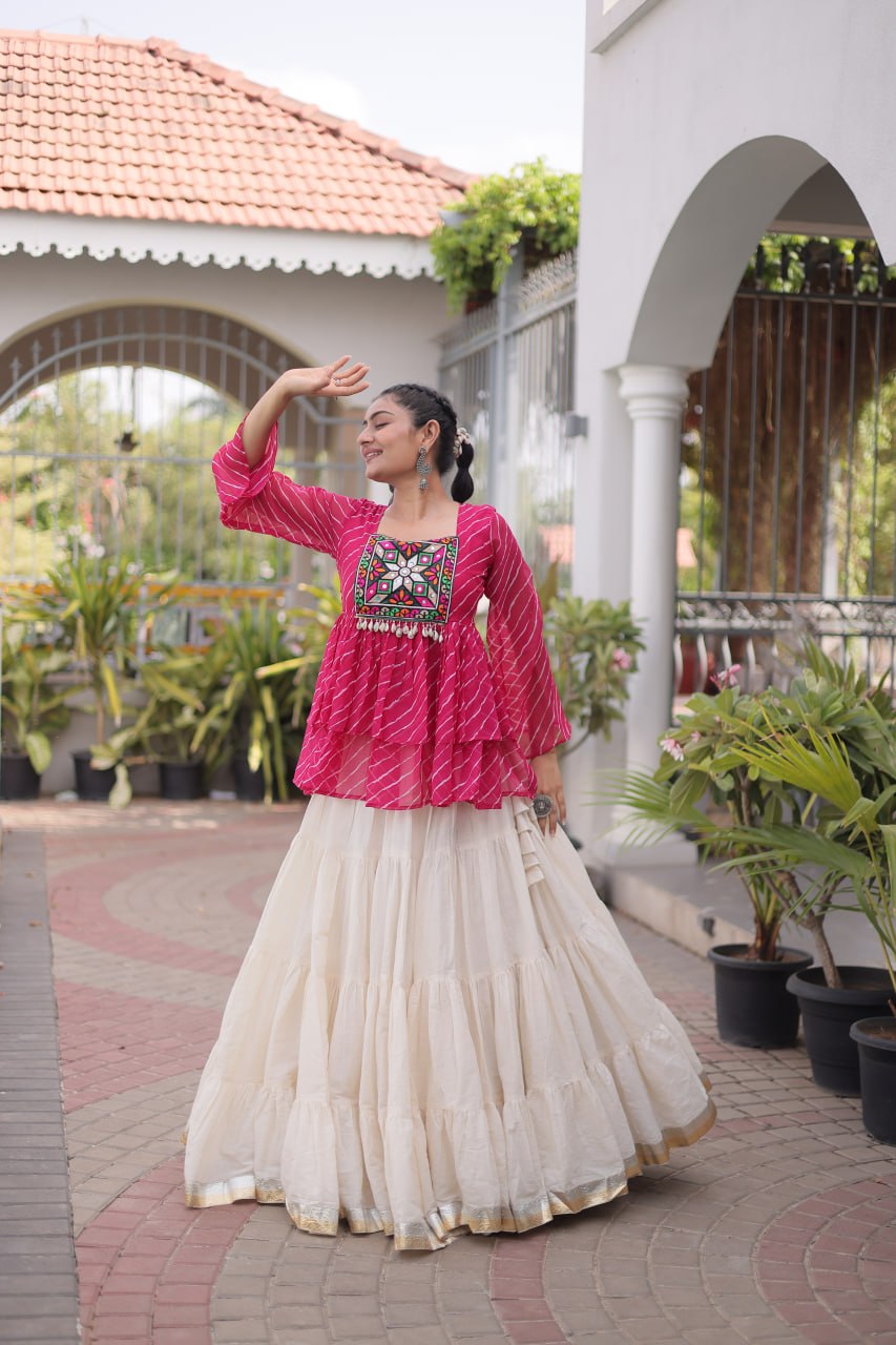 Navratri Kora Cotton Lehenga Choli with Laheriya Print Top