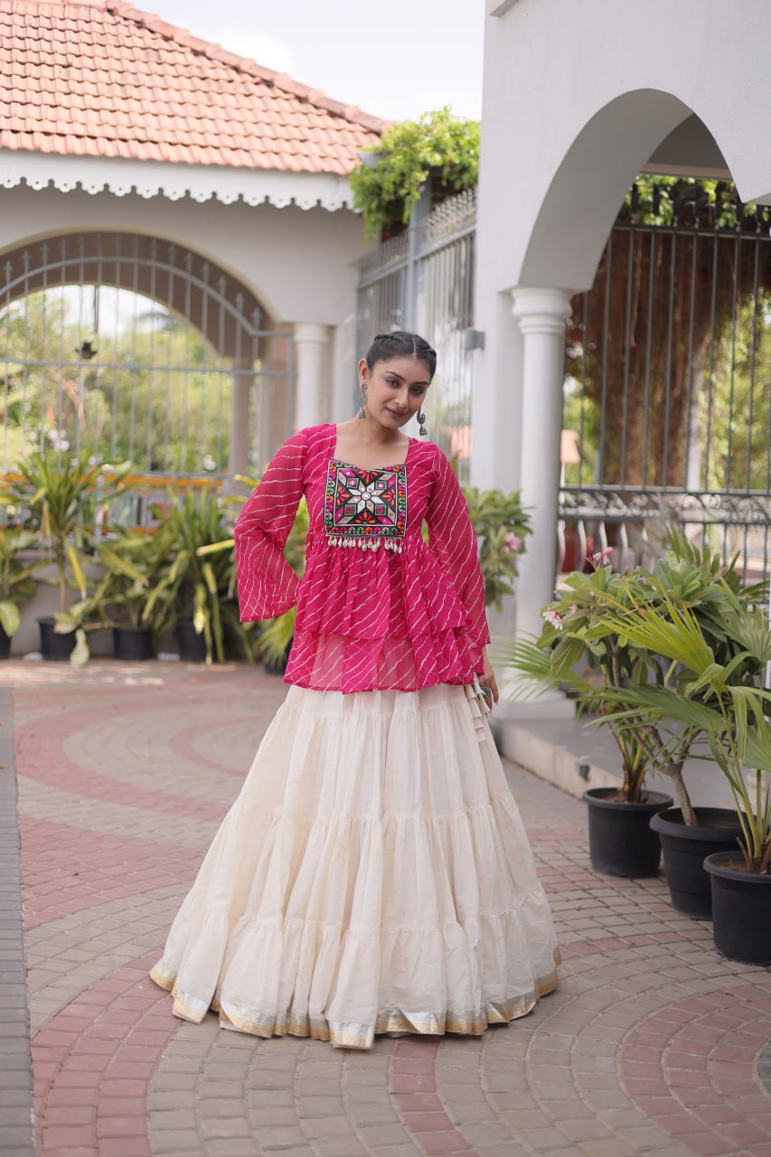 Navratri Kora Cotton Lehenga Choli with Laheriya Print Top