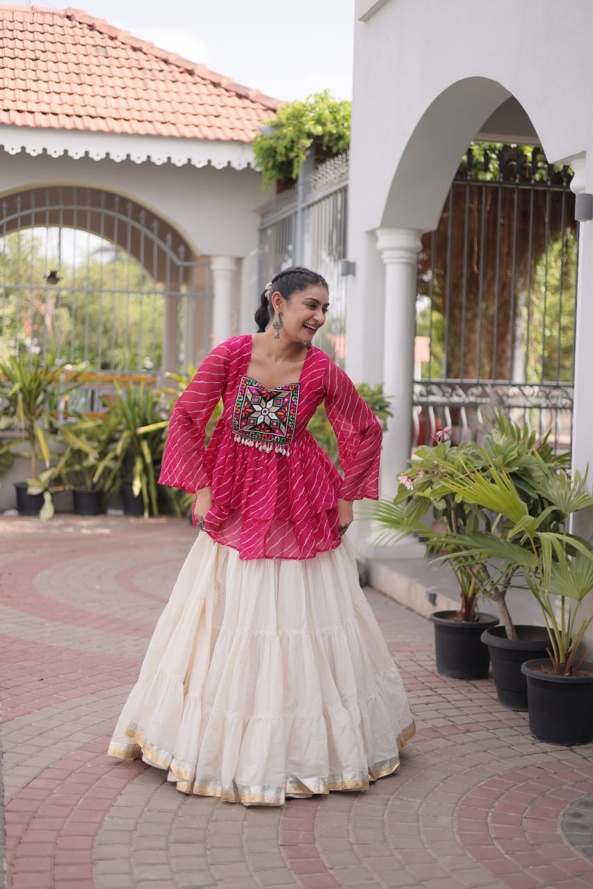 Navratri Kora Cotton Lehenga Choli with Laheriya Print Top