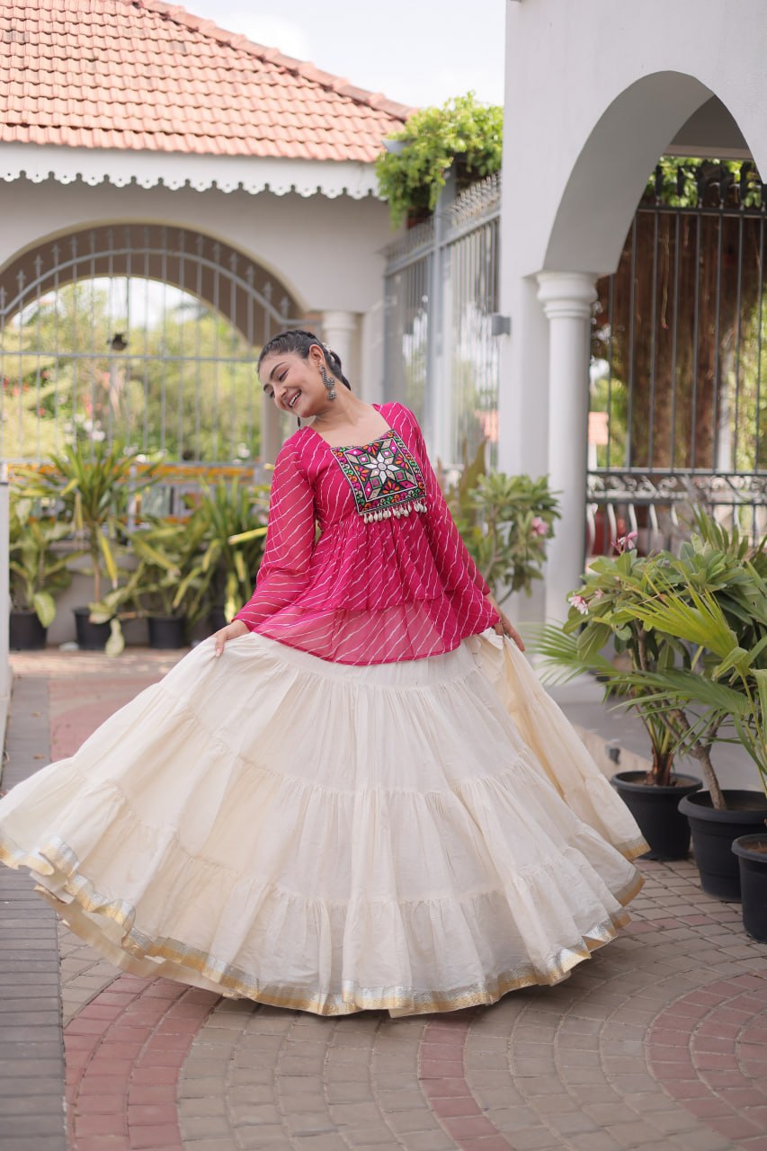 Navratri Kora Cotton Lehenga Choli with Laheriya Print Top