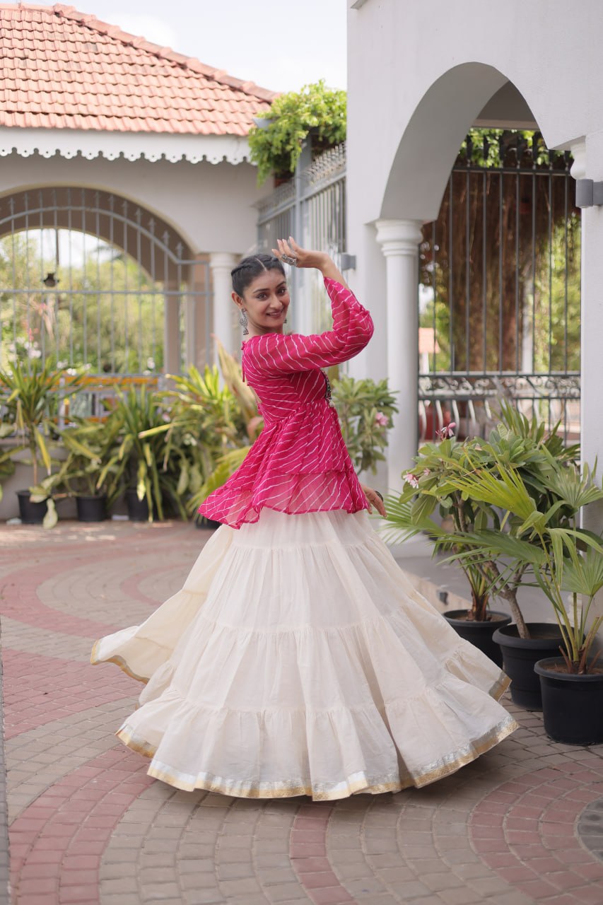 Navratri Kora Cotton Lehenga Choli with Laheriya Print Top