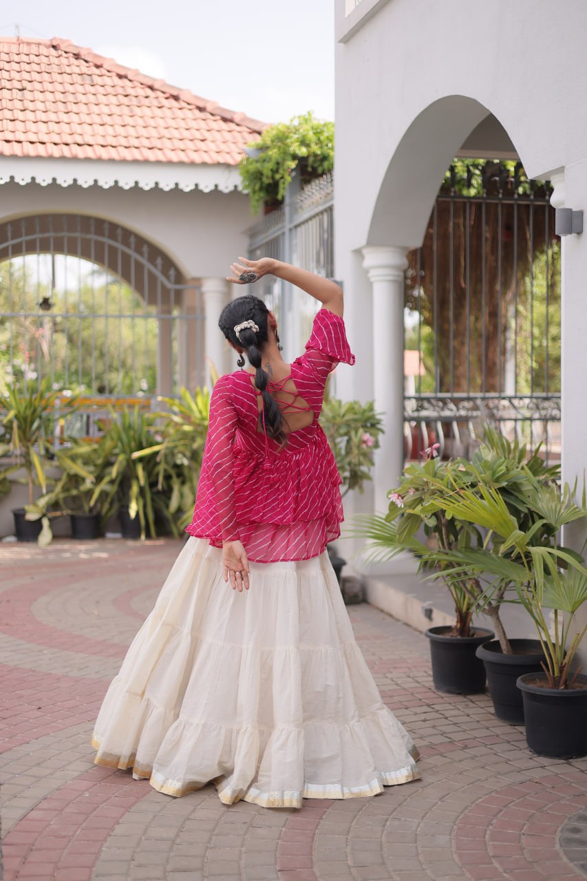 Navratri Kora Cotton Lehenga Choli with Laheriya Print Top