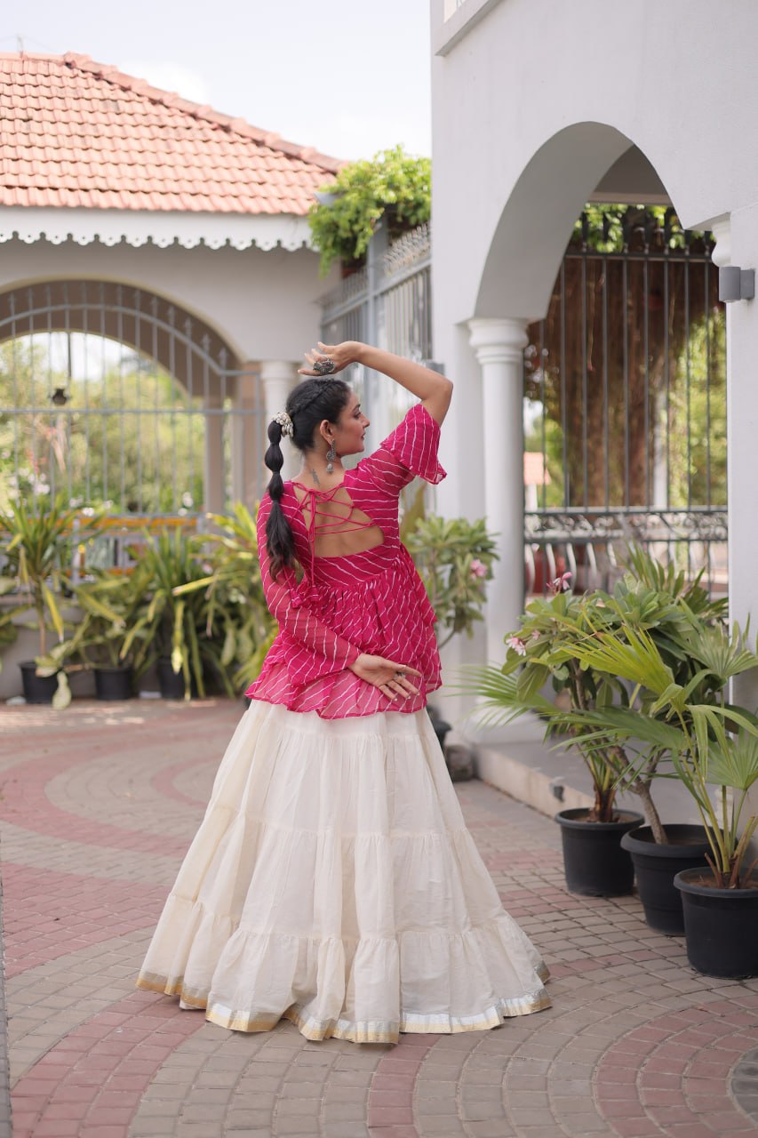 Navratri Kora Cotton Lehenga Choli with Laheriya Print Top