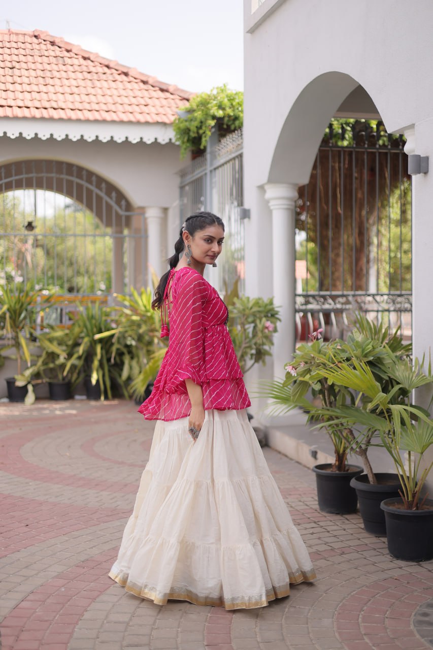 Navratri Kora Cotton Lehenga Choli with Laheriya Print Top
