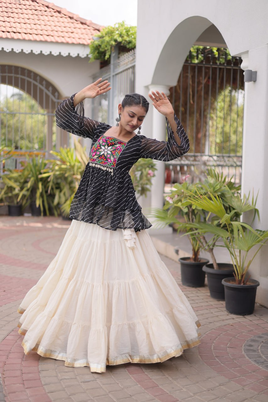 Navratri Kora Cotton Lehenga Choli with Laheriya Print Top