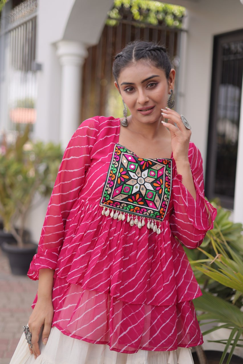 Navratri Kora Cotton Lehenga Choli with Laheriya Print Top