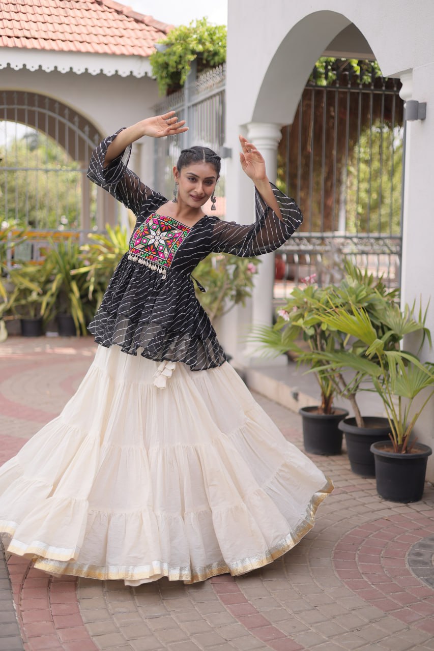Navratri Kora Cotton Lehenga Choli with Laheriya Print Top