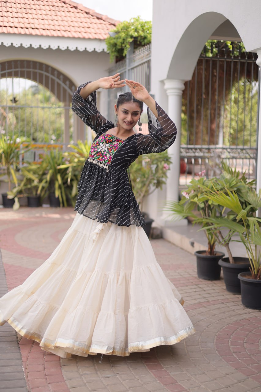 Navratri Kora Cotton Lehenga Choli with Laheriya Print Top